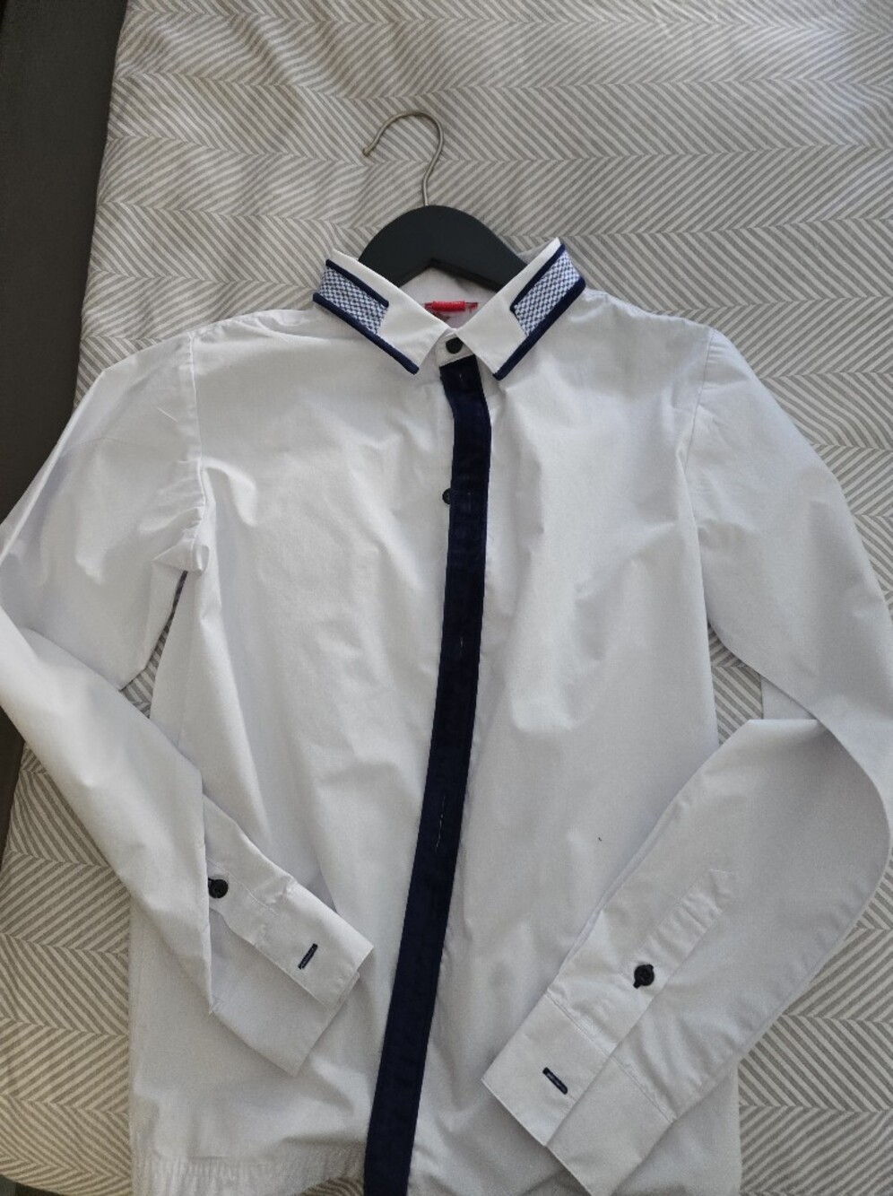 Lulu's White Button-Down Shirt with Navy Trim